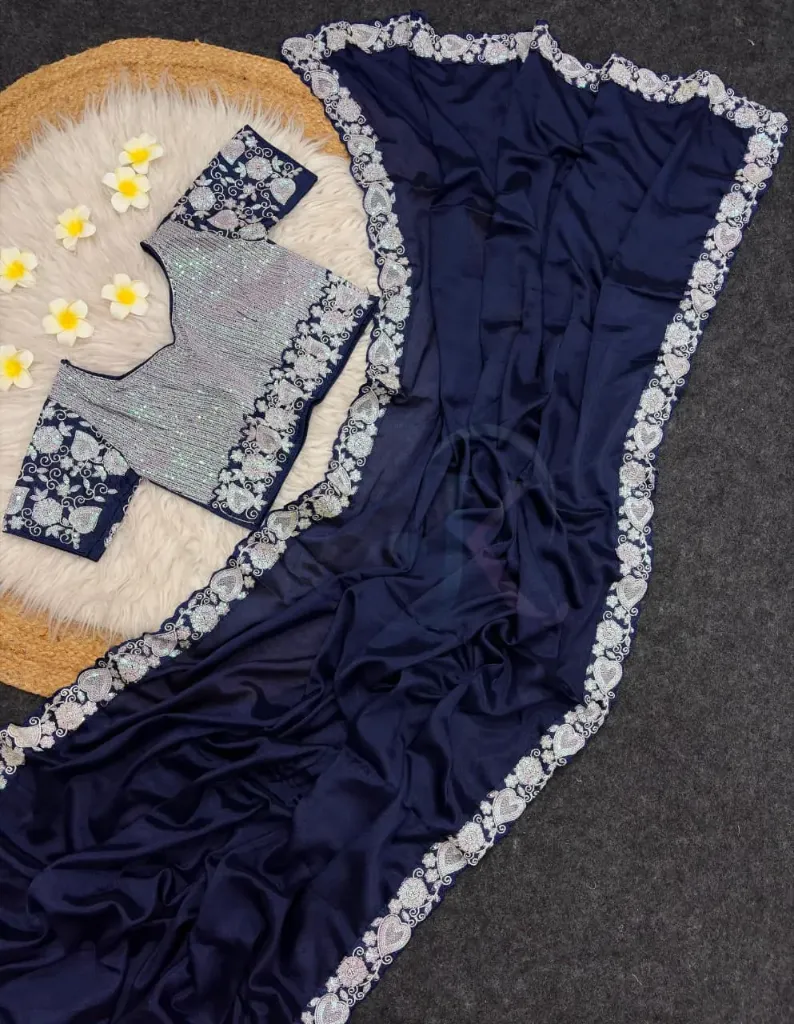 Lustrous multi sequence pretty heart flower Designer boder Chinon silks elegant saree